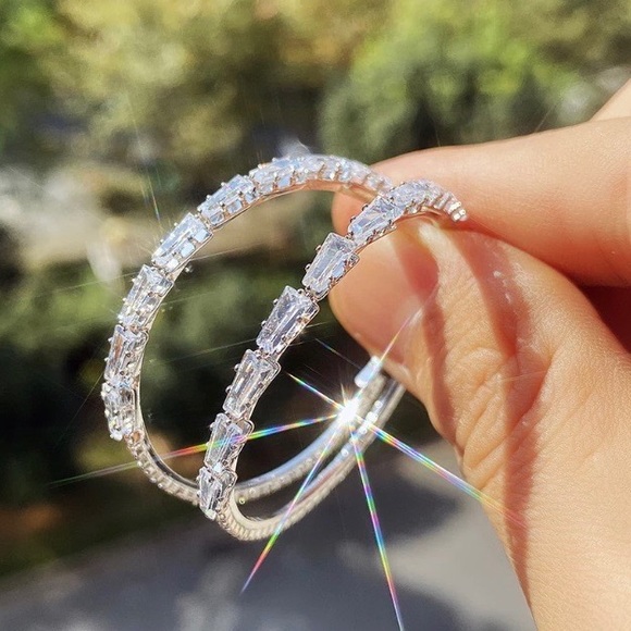 925 Sterling Silver White Sapphire Hoop Earrings - Picture 2 of 7